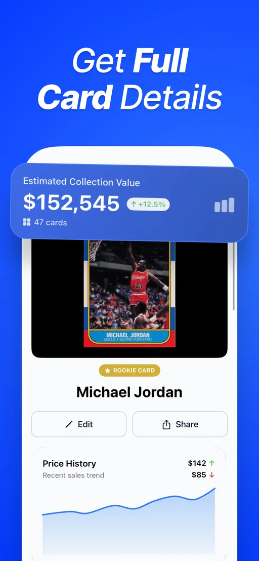 CardSense app screenshot: full card details for a Michael Jordan rookie card with price history chart and total collection value