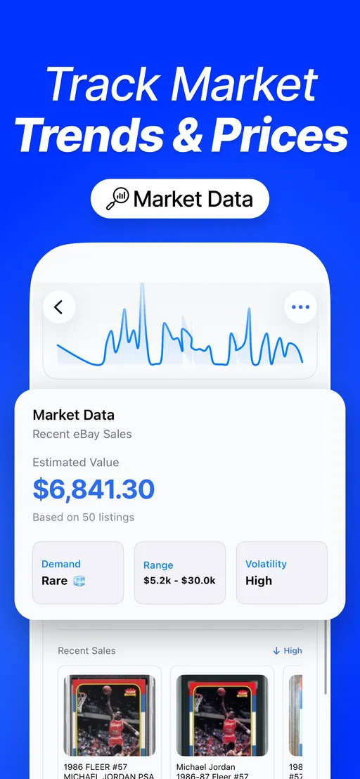 CardSense app screenshot: market data screen with estimated value, demand, price range, volatility, and recent eBay sales