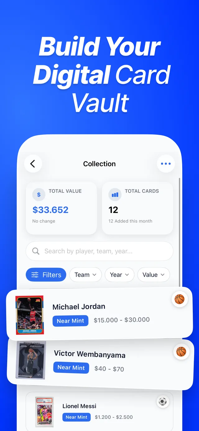 CardSense collection screen with total collection value, card count, search, and filters
